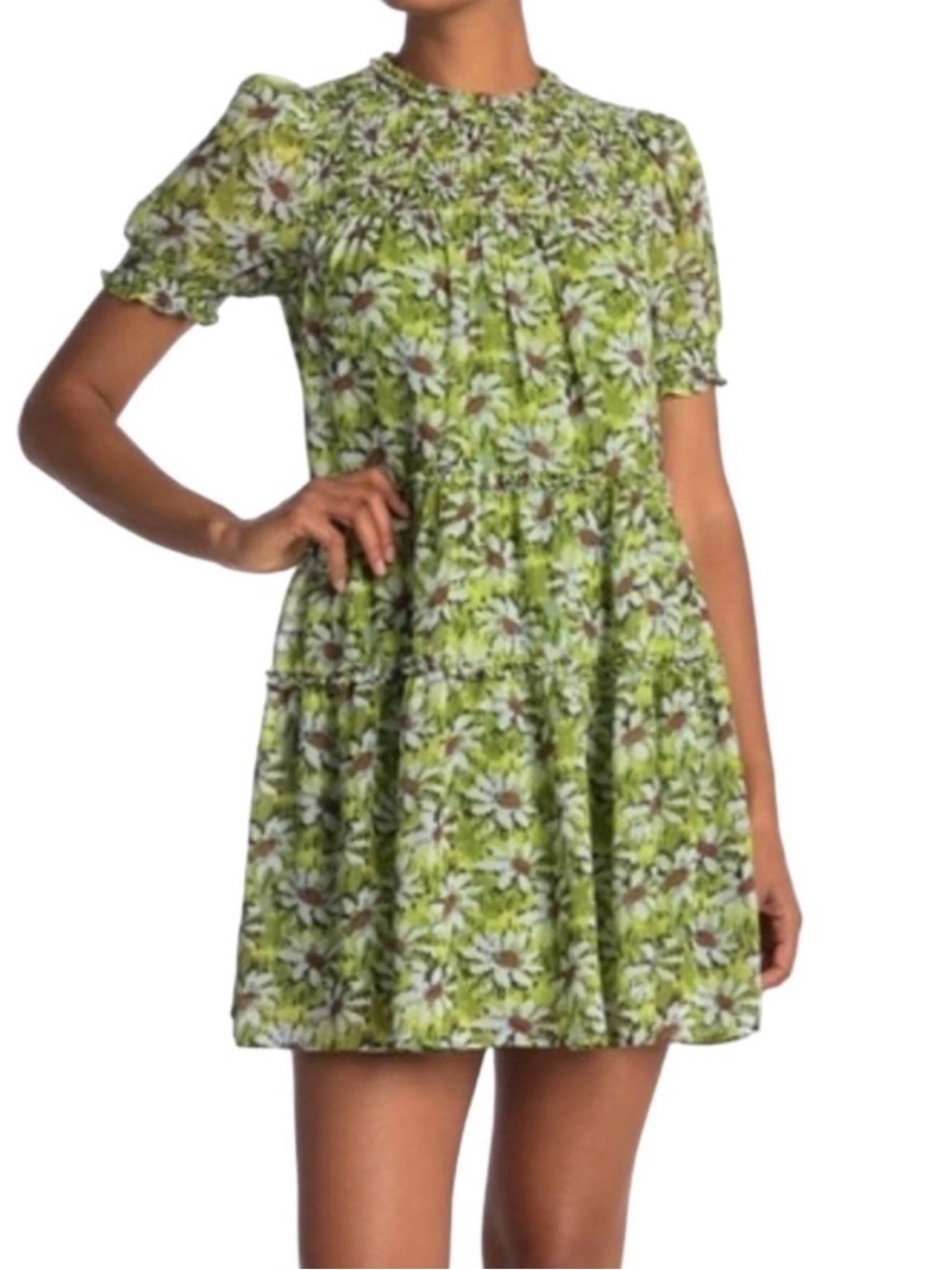 cinq à sept Green Floral Smocked-Neck  Mini Dress
